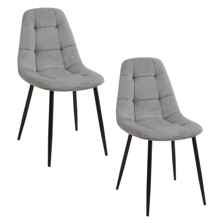 Set 2 scaune, Akord Furniture Factory, Otel/Velur, 44 cm, 39 cm, 46.5 cm, 83 cm, 44 cm, 55 cm, Gri/Negru