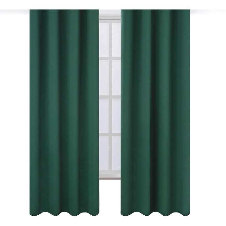 Комплект от 2 пердета SereDesign, материал тип Blackout, цвят Emerald Green, изрязани с бастун за релса или галерия, куки за релса, 2 x L 200 cm x H 245 cm