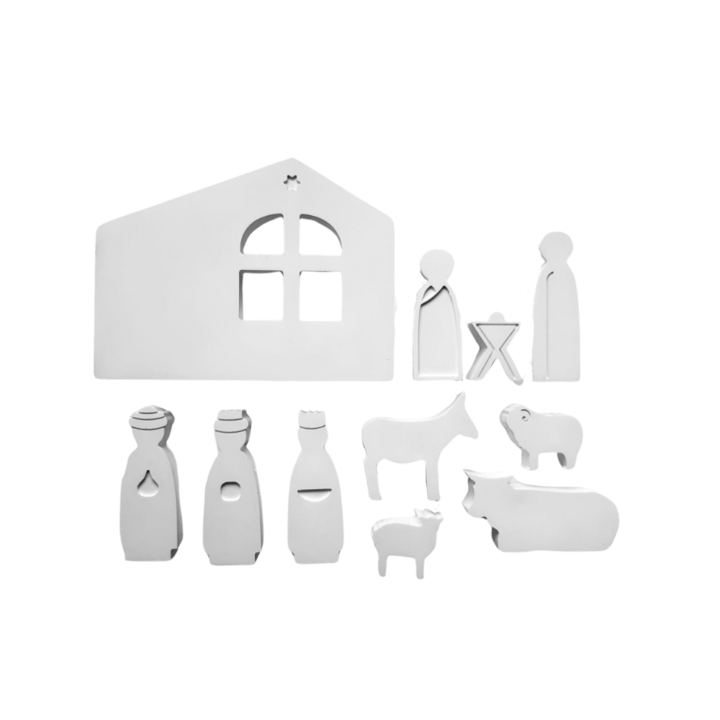 Set 11 figurine din ipsos pentru pictat, model pentru Craciun, scena Nasterii Domnului, albe