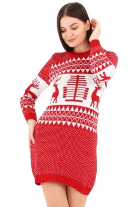 Коледна плетена рокля, StarFashion, Модел еленче, Червен, Червен