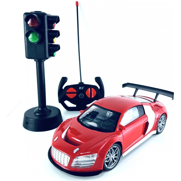 Masina sport cu telecomanda si Semafor, Lumini si Sunete, baterii incluse, 25 cm, Rosu