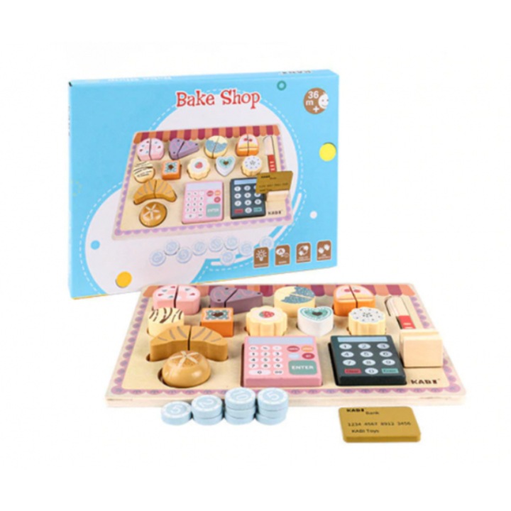 Joc de indemnare Montessori, L@ka, Cu figurine tip produse de patiserie, Casa de marcat, Monezi, Lemn, Non-toxic, Multicolor, + 3ani