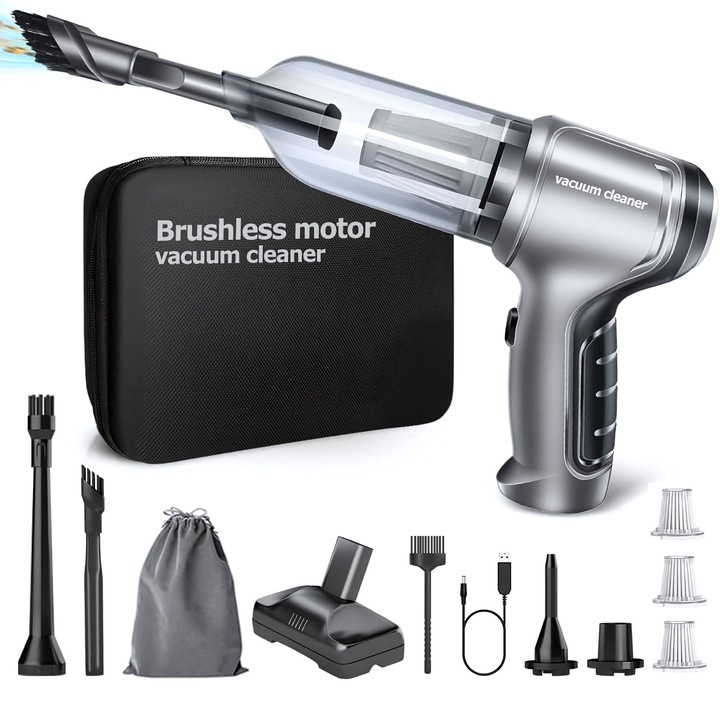 Aspirator de mana goBERA® Pro,3 in 1 portabil pentru Aspirare, Suflare, Sigilare, Tehnologie fara perii,2 viteze, Filtru HEPA, Senzor de incarcare/pornire,35500 Rpm,12000 Pa, Baterie 2x2000mAh, Utilizare in locuinta, automobil, birou, Argintie