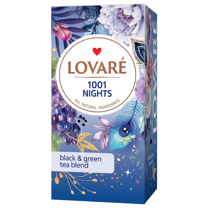 Чай Lovarе 1001 Nights, Черен, Зелен, Парченца плодове, Аромат на грозде, Индивидуална опаковка, 36 гр, 1.5 гр х 24 бр