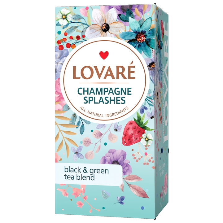 Чай Lovarе Champagne splashes, Черен, Зелен, Парченца плодове, Аромат на грозде, Индивидуална опаковка, 48 гр, 1.5 гр х 24 бр