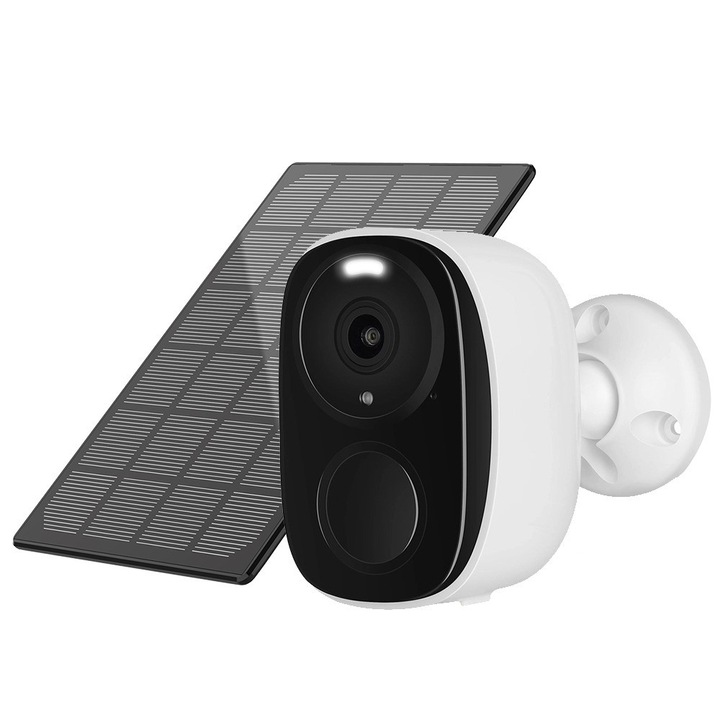 Camera de Supraveghere Portabila INTEXXA®, 3MP, cu Panou Solar si Acumulator 5200 mAh, Wireless, Filmare nocturna FullHd Color, Wi-Fi 2.4 Ghz, Suporta Card SD pana la 256GB, Senzor de miscare PIR, Audio bidirectional, IP66, Aplicatie pt smartphone, Alb