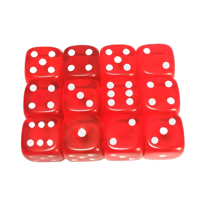 Set 12 zaruri extrafinisate, latura 12 mm, culoare rosie translucida