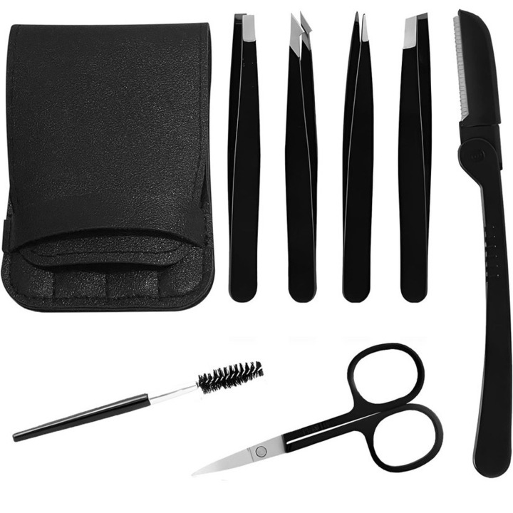 Комплект от 7 пинсети JENUOS за мигли/вежди, различни модели, с четка за мигли, ножица, чанта за съхранение, черна