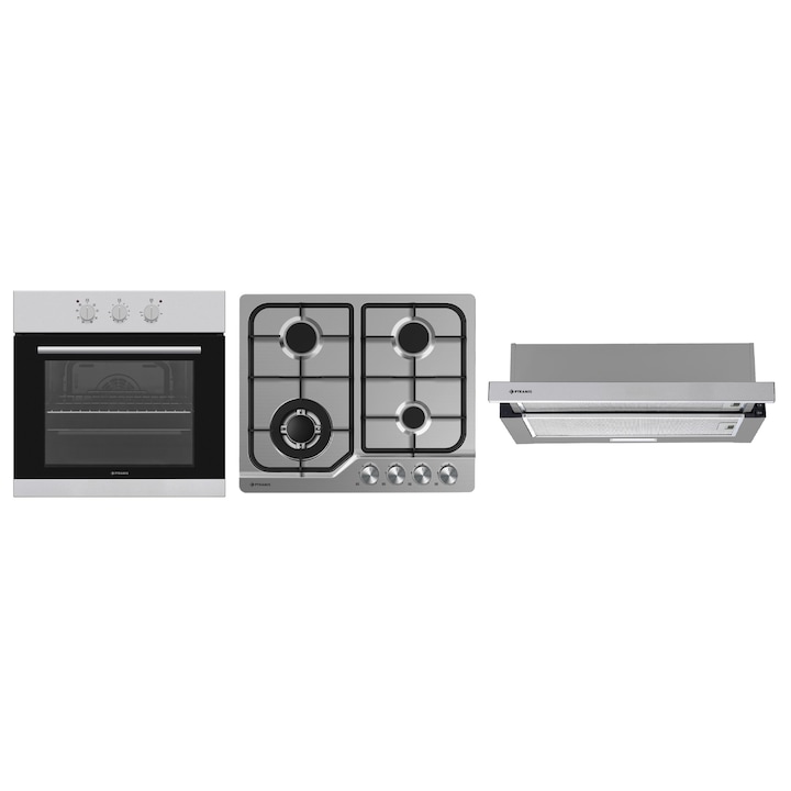 Pachet Pyramis Premium 202300347, cuptor electric incorporabil, plita gaz si hota decorativa, 8 moduri de operare, clasa A, volum 69 litri, control mecanic, timer, easy clean, gratare fonta, wok, finisaj inox