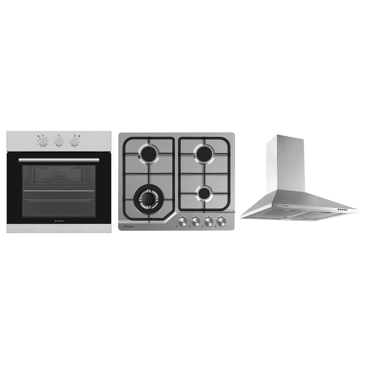 Pachet Pyramis Premium 202300358, cuptor electric incorporabil, plita gaz si hota decorativa, 8 moduri de operare, clasa A, volum 69 litri, control mecanic, timer, easy clean, gratare fonta, wok, finisaj inox