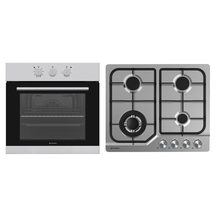 Pachet Pyramis Premium 202300334, cuptor electric incorporabil si plita gaz, 8 moduri de operare, clasa A, volum 69 litri, control mecanic, timer, easy clean, gratare fonta, wok, finisaj inox