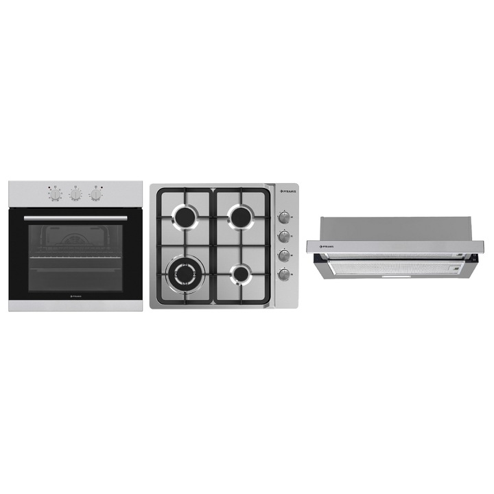 Pachet Pyramis PHC 61430IFB6001, cuptor electric incorporabil si plita electrica, 8 moduri de operare, clasa A, volum 69 litri, control mecanic, timer, easy clean, 4 zone de gatit vitro, finisaj sticla neagra si inox
