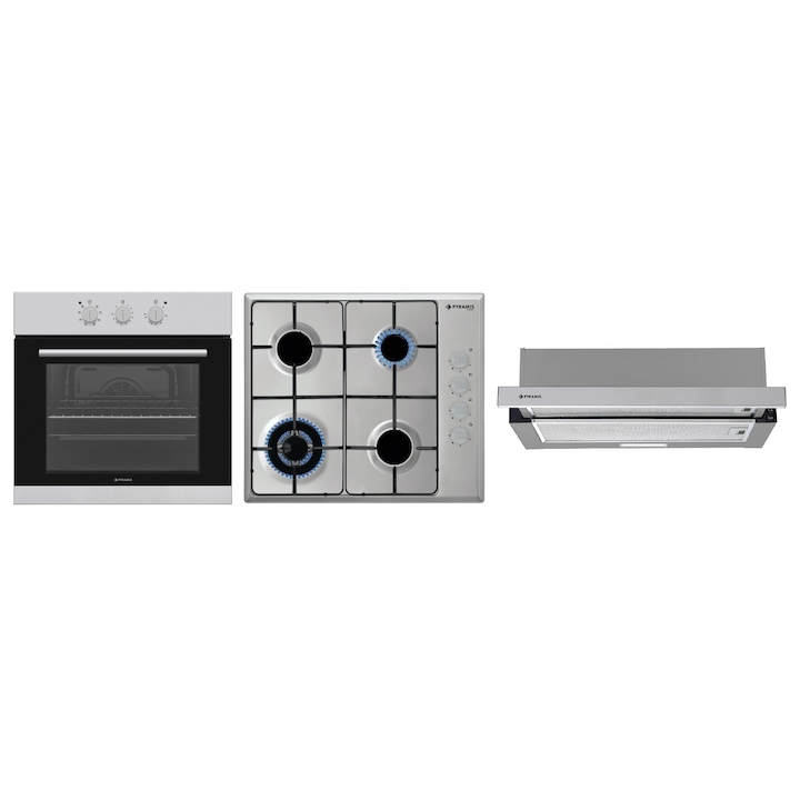 Pachet Pyramis Premium 202300352, cuptor electric incorporabil, plita gaz si hota telescopica, 8 moduri de operare, clasa A, volum 69 litri, control mecanic, timer, easy clean, gratare fonta, wok, finisaj inox