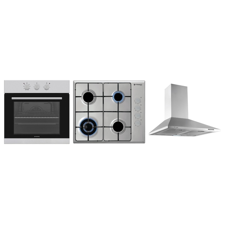 Pachet Pyramis Premium 202300334, cuptor electric incorporabil si plita gaz, 8 moduri de operare, clasa A, volum 69 litri, control mecanic, timer, easy clean, gratare fonta, wok, finisaj inox