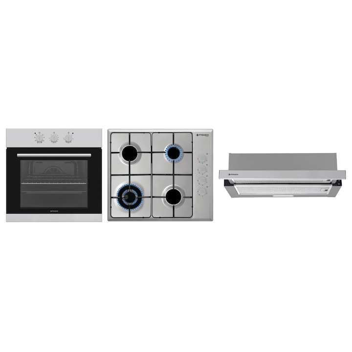 Pachet Pyramis Premium 202300356, cuptor electric incorporabil, plita gaz si hota telescopica, 8 moduri de operare, clasa A, volum 69 litri, control mecanic, timer, easy clean, gratare fonta, wok, finisaj inox
