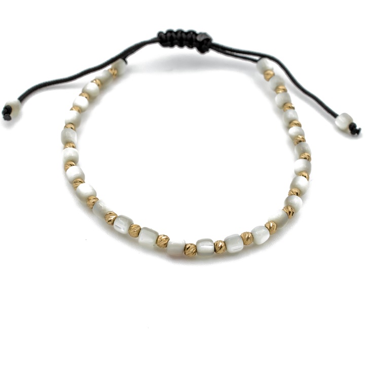 Bratara cu bile din Aur 14k, cuburi Onix Alb+Gri si snur Negru