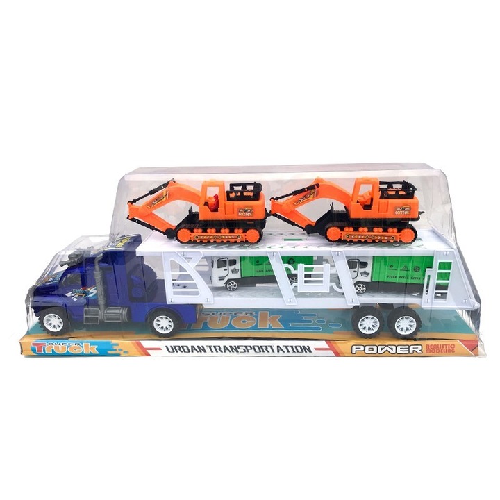 Camion cu trailer ce contine doua masini de gunoi si 2 excavatoare, Albastru