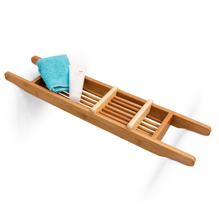 Suport pentru cada, din bambus, cu tavita pentru sapun si accesorii de baie reglabila, 6, 5 x 70, 5 x 15 cm