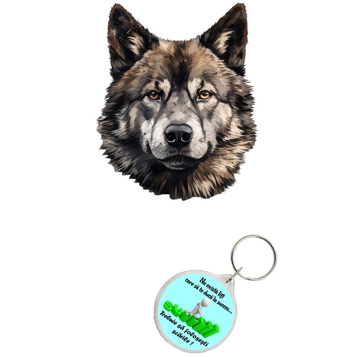 Set sticker decorativ perete, auto si geam, Caine -Akita model 7, 40 CM si breloc succes