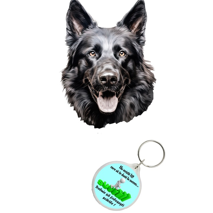 Set sticker decorativ perete, auto si geam, Caine -Black German Shepherd model 3, 35 CM si breloc succes
