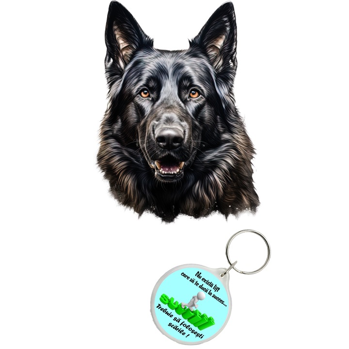 Set sticker decorativ perete, auto si geam, Caine -Black German Shepherd model 4, 35 CM si breloc succes