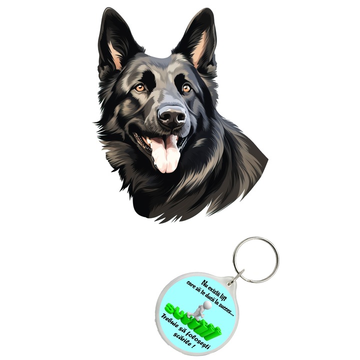 Set sticker decorativ perete, auto si geam, Caine -Black German Shepherd, 35 CM si breloc succes