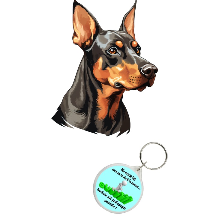 Set sticker decorativ perete, auto si geam, Caine -Doberman Pinscher Dog, 40 CM si breloc succes