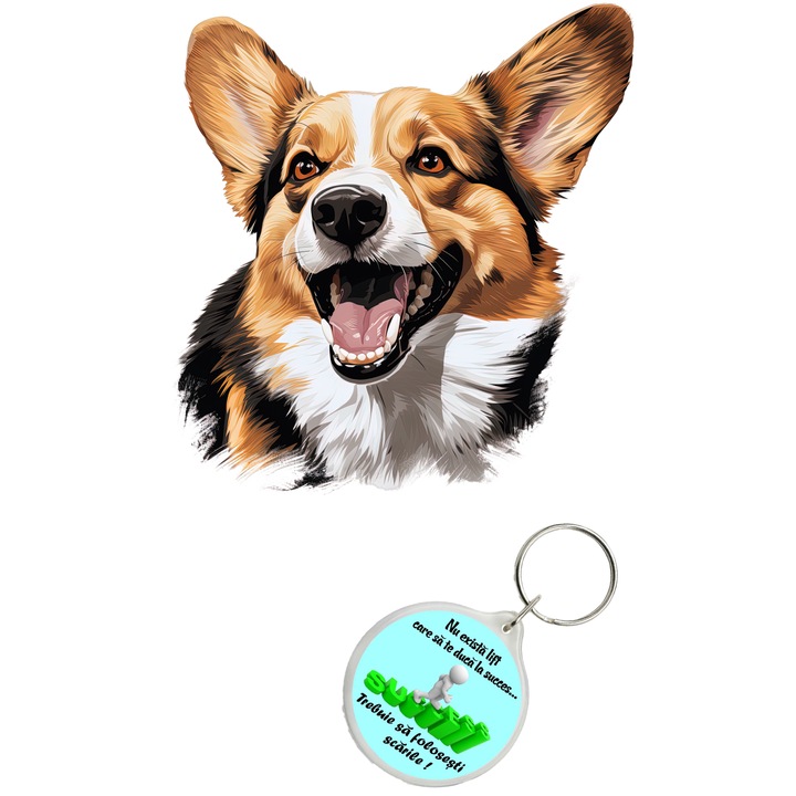 Set sticker decorativ perete, auto si geam, Caine -Corgi Welsh model 7, 40 CM si breloc succes