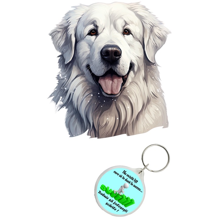 Set sticker decorativ perete, auto si geam, Caine -Great Pyrenees model 2, 35 CM si breloc succes