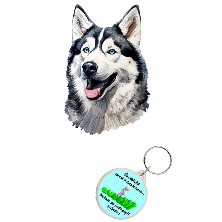 Set sticker decorativ perete, auto si geam, Caine -Husky model 1, 35 CM si breloc succes