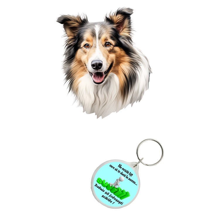 Set sticker decorativ perete, auto si geam, Caine -Shetland Sheepdog model 2, 35 CM si breloc succes