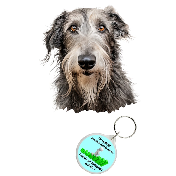 Set sticker decorativ perete, auto si geam, Caine -Scottish Deerhound model 1, 35 CM si breloc succes