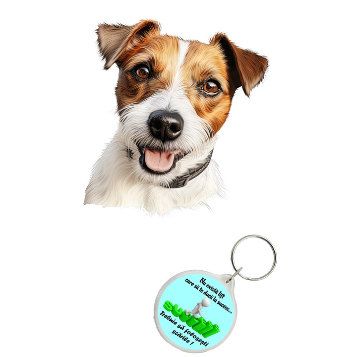 Set sticker decorativ perete, auto si geam, Caine -Russell Terrier model 2, 35 CM si breloc succes