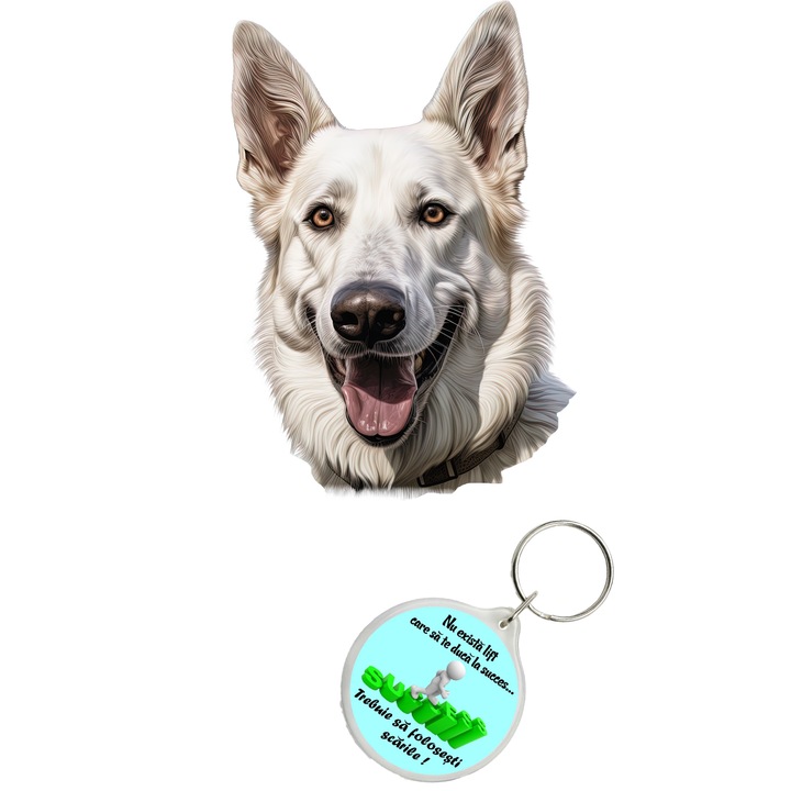 Set sticker decorativ perete, auto si geam, Caine -White German Shepherd model 1, 25 CM si breloc succes