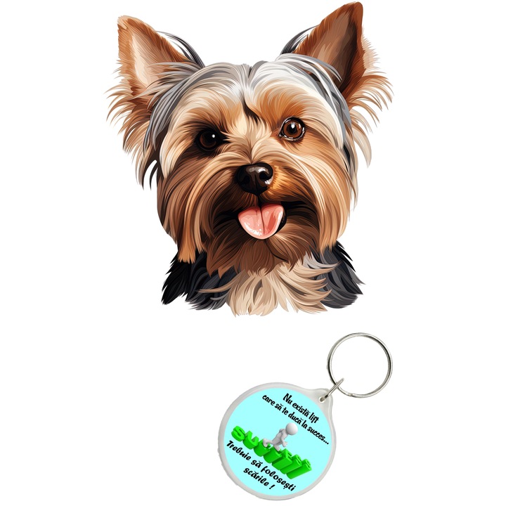Set sticker decorativ perete, auto si geam, Caine -Yorkshire Terrier model 1, 35 CM si breloc succes