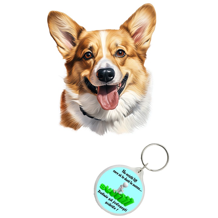 Set sticker decorativ perete, auto si geam, Caine -Corgi Welsh model 1, 20 CM si breloc succes