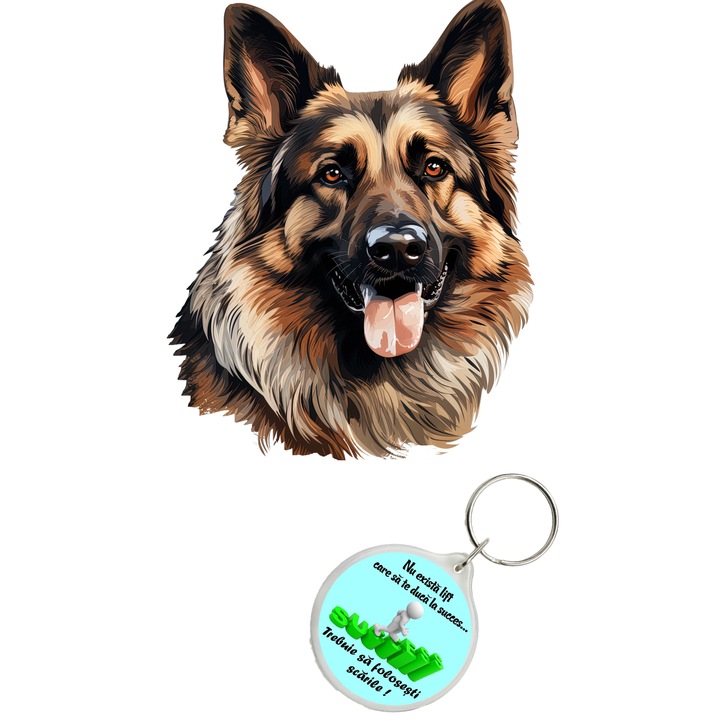 Set sticker decorativ perete, auto si geam, Caine -German Shepherd Dog, 40 CM si breloc succes