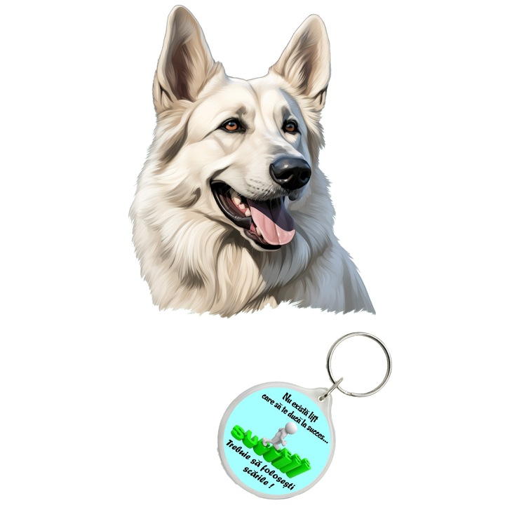 Set sticker decorativ perete, auto si geam, Caine -White German Shepherd, 30 CM si breloc succes