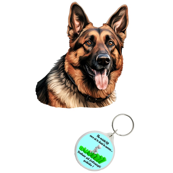 Set sticker decorativ perete, auto si geam, Caine -German Shepherd model 223, 35 CM si breloc succes