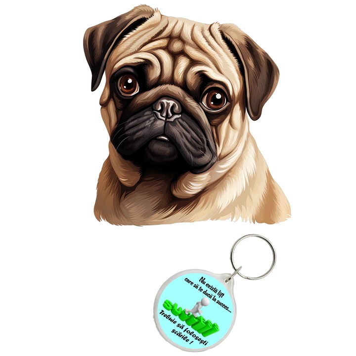 Set sticker decorativ perete, auto si geam, Caine -Pug model 2, 20 CM si breloc succes