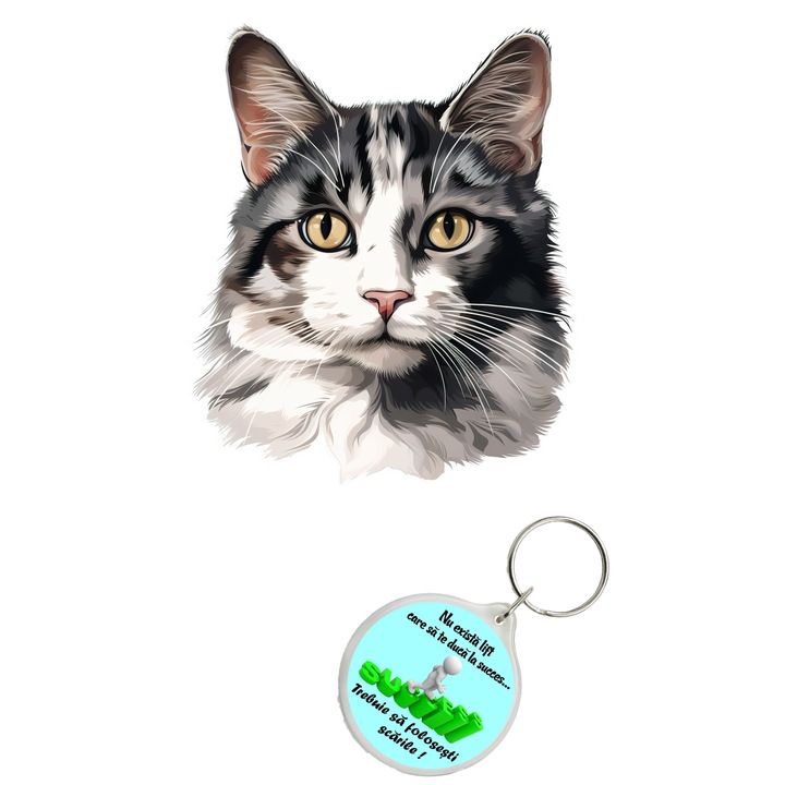 Set sticker decorativ perete, auto si geam, Pisica - Calico model 4, 40 CM si breloc succes