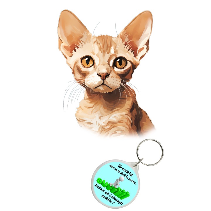 Set sticker decorativ perete, auto si geam, Pisica - Devon Rex model 3, 40 CM si breloc succes