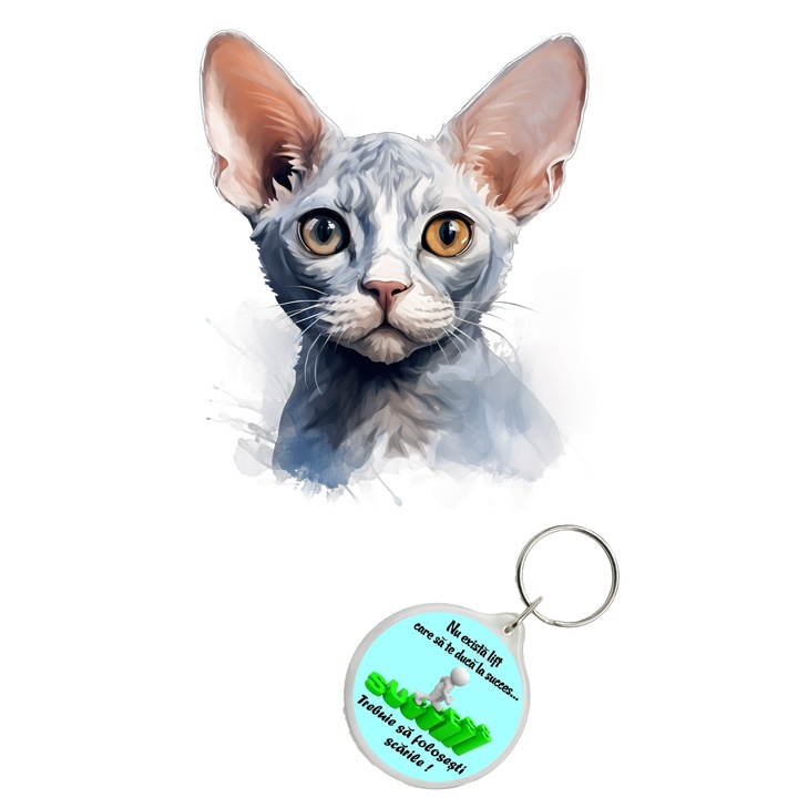 Set sticker decorativ perete, auto si geam, Pisica - Devon Rex model 4, 40 CM si breloc succes