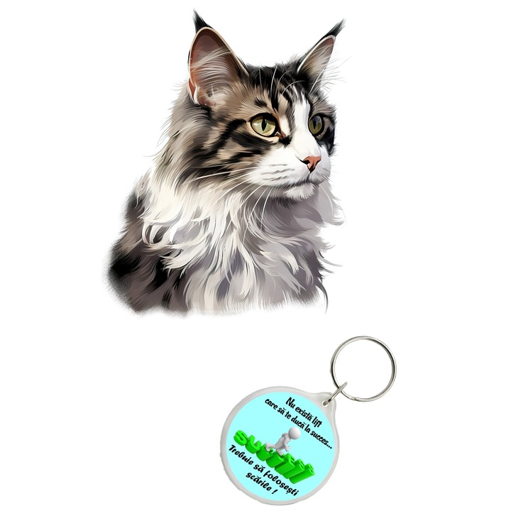 Set sticker decorativ perete, auto si geam, Pisica - Norwegian Forest Cat model 5, 40 CM si breloc succes