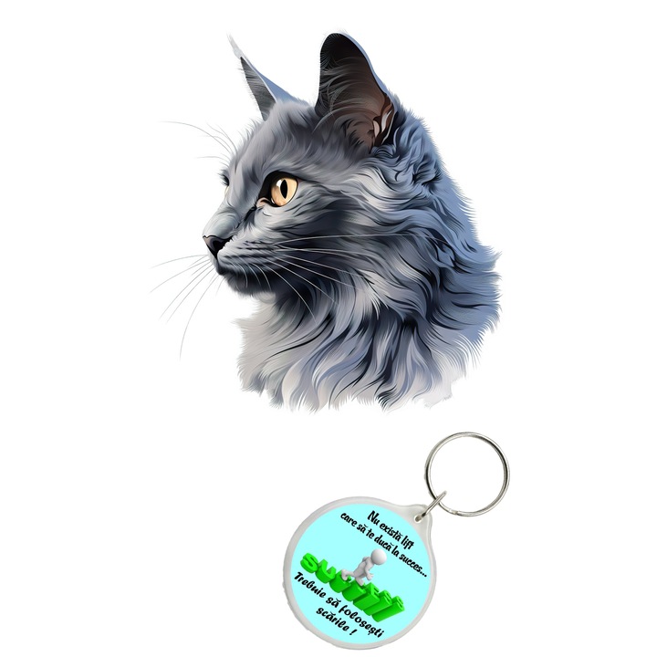 Set sticker decorativ perete, auto si geam, Pisica - Nebelung model 6, 35 CM si breloc succes