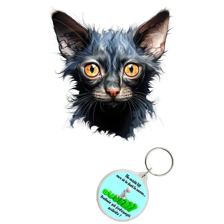 Set sticker decorativ perete, auto si geam, Pisica - Lykoi model 2, 40 CM si breloc succes