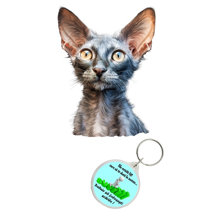 Set sticker decorativ perete, auto si geam, Pisica - Lykoi model 5, 40 CM si breloc succes