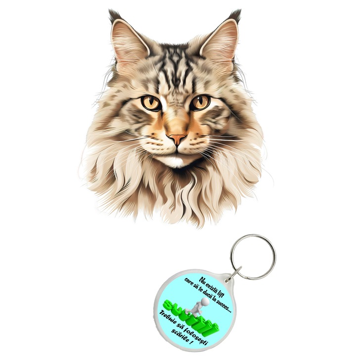 Set sticker decorativ perete, auto si geam, Pisica - Siberian model 2, 40 CM si breloc succes