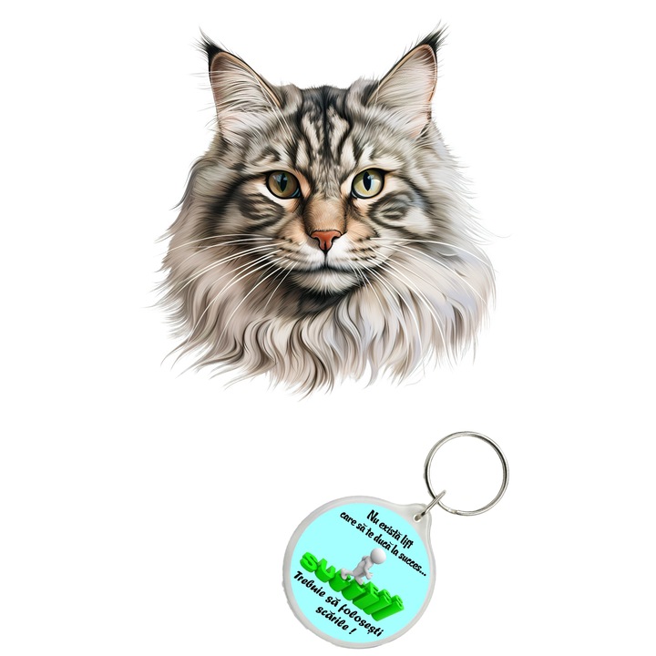 Set sticker decorativ perete, auto si geam, Pisica - Siberian model 9, 40 CM si breloc succes