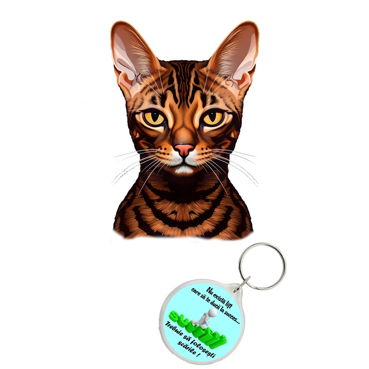 Set sticker decorativ perete, auto si geam, Pisica - Toyger model 4, 40 CM si breloc succes